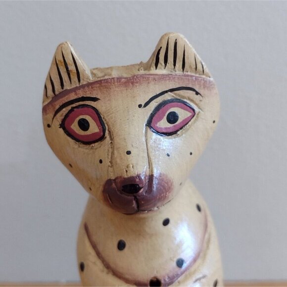 Vintage Hand Painted Polka Wooden Cat Figurine Incense Holder Folk Art - Picture 5 of 8